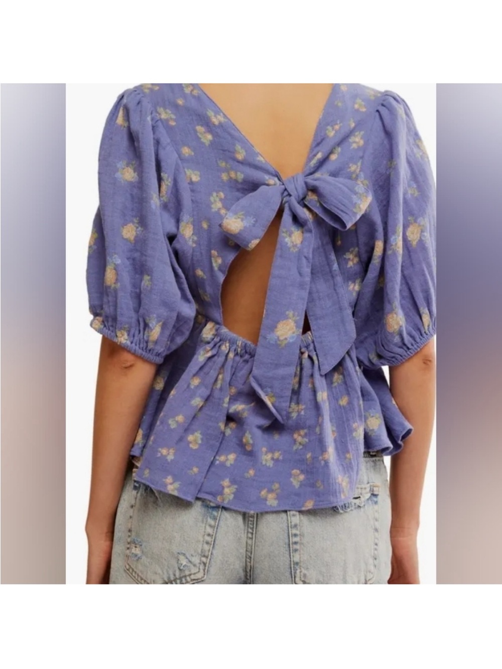 Free People Chloe Floral Printed Top Purple 100% Cotton Back Cut Out Sz Small
